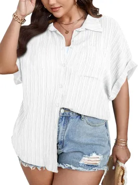 SCOMCHIC Women Plus Size Button Down Short Sleeve Shirts Collared Textured Summer Blouse Casual Tops with Pockets