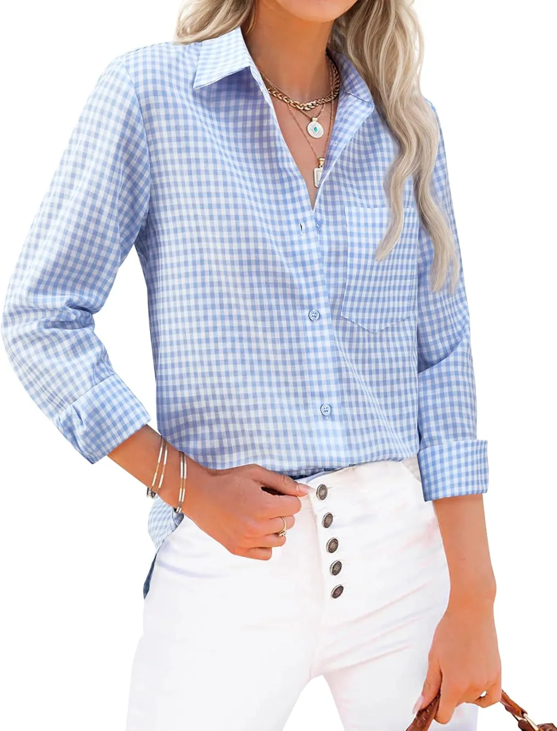 siliteelon Womens Plaid Shirts Long Sleeve Button Down Dress Shirts Lightweight Casual Work Office Collared Blouse Top