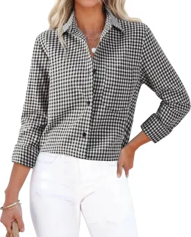 siliteelon Womens Plaid Shirts Long Sleeve Button Down Dress Shirts Lightweight Casual Work Office Collared Blouse Top