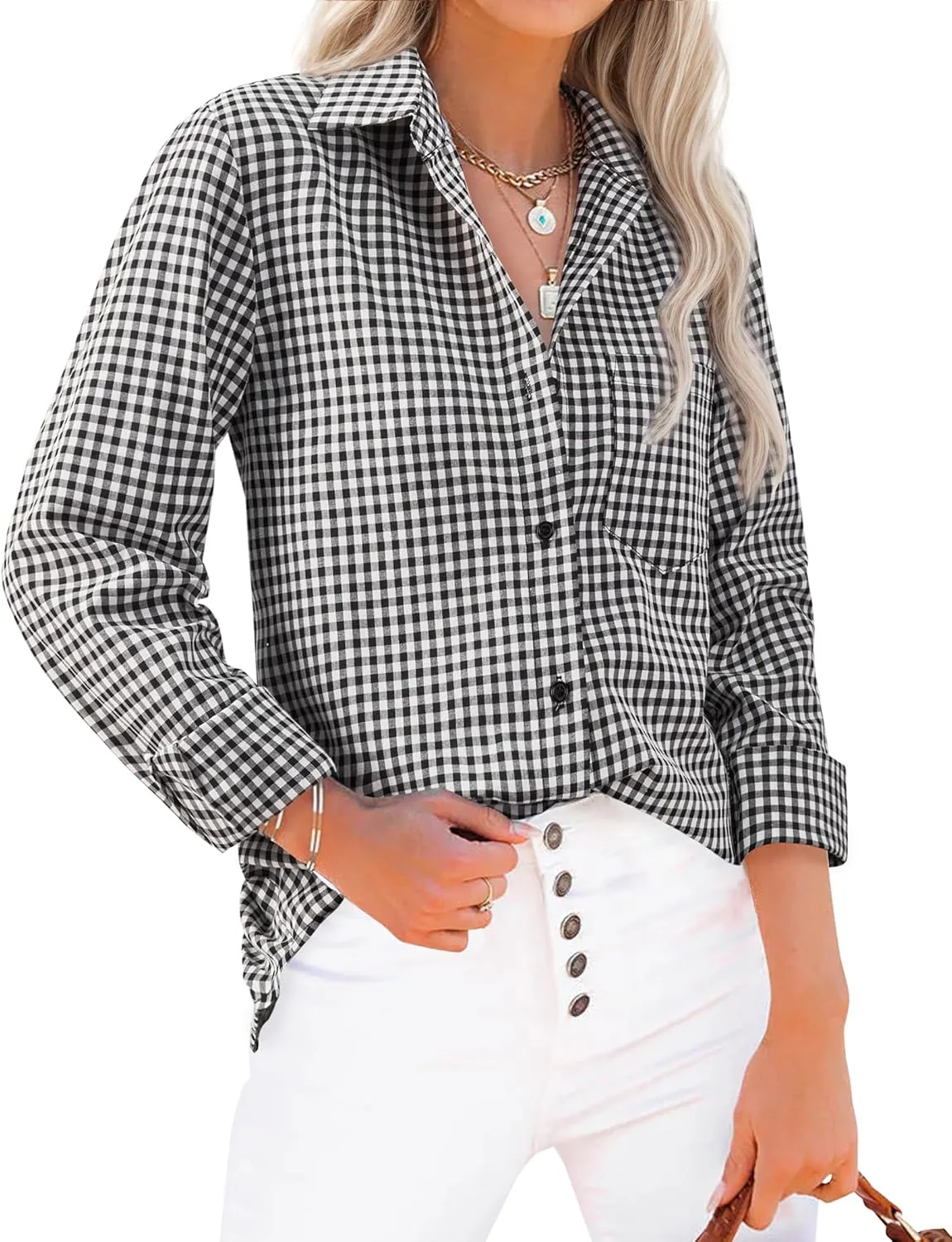 siliteelon Womens Plaid Shirts Long Sleeve Button Down Dress Shirts Lightweight Casual Work Office Collared Blouse Top