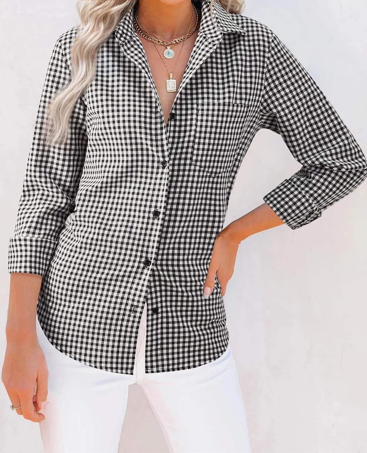 siliteelon Womens Plaid Shirts Long Sleeve Button Down Dress Shirts Lightweight Casual Work Office Collared Blouse Top