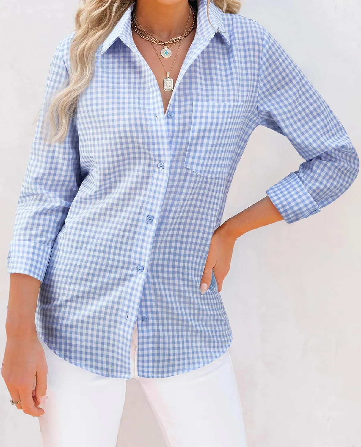 siliteelon Womens Plaid Shirts Long Sleeve Button Down Dress Shirts Lightweight Casual Work Office Collared Blouse Top