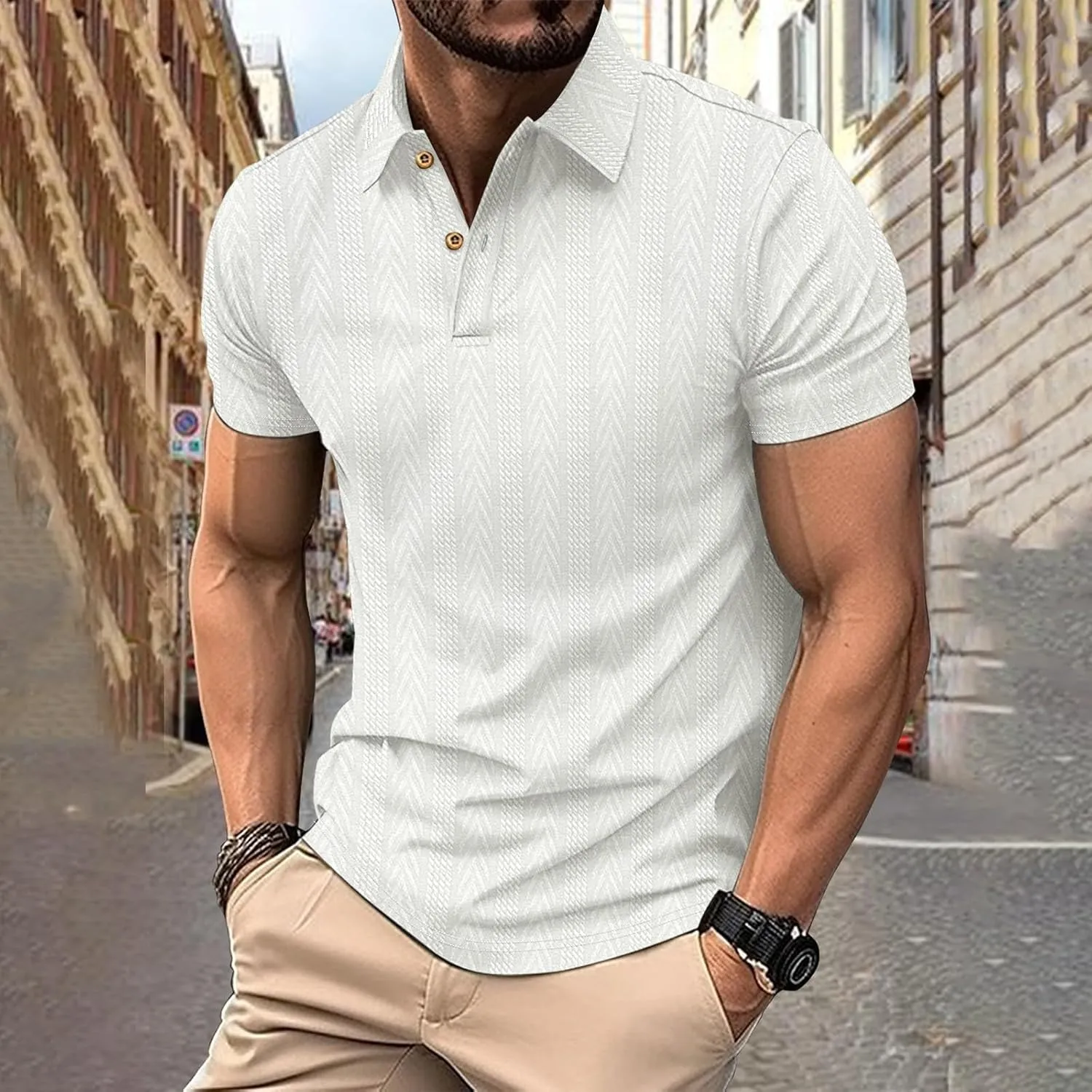 Summer Casual Polo Shirts for Men Button up Short Sleeve Textured Workout T-Shirts Casual Basic Office Business Tops