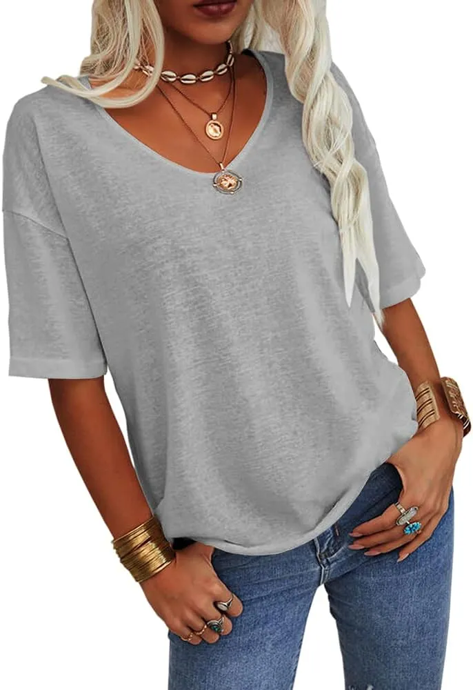 Tankaneo Women's Summer Fashion V-Neck Half Sleeves T Shirt Solid Casual Loose Basic Tunics Tops