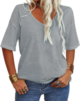 Tankaneo Women's Summer Fashion V-Neck Half Sleeves T Shirt Solid Casual Loose Basic Tunics Tops