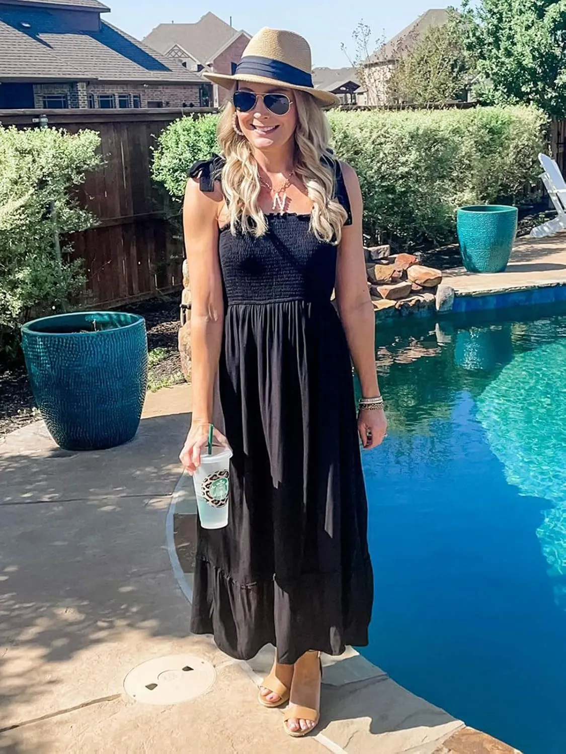 Tobrief Women's Boho Dress Summer Spaghetti Strap Square Neck Flowy Ruffle Beach Long Maxi Dress