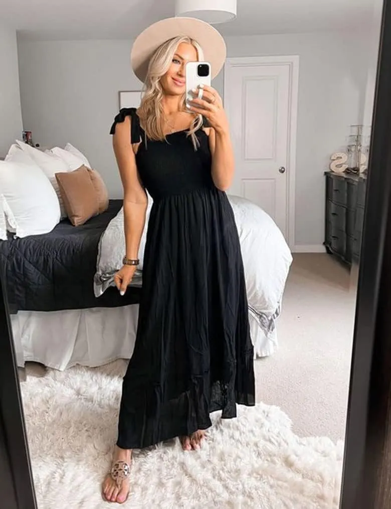 Tobrief Women's Boho Dress Summer Spaghetti Strap Square Neck Flowy Ruffle Beach Long Maxi Dress