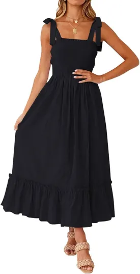 Tobrief Women's Boho Dress Summer Spaghetti Strap Square Neck Flowy Ruffle Beach Long Maxi Dress