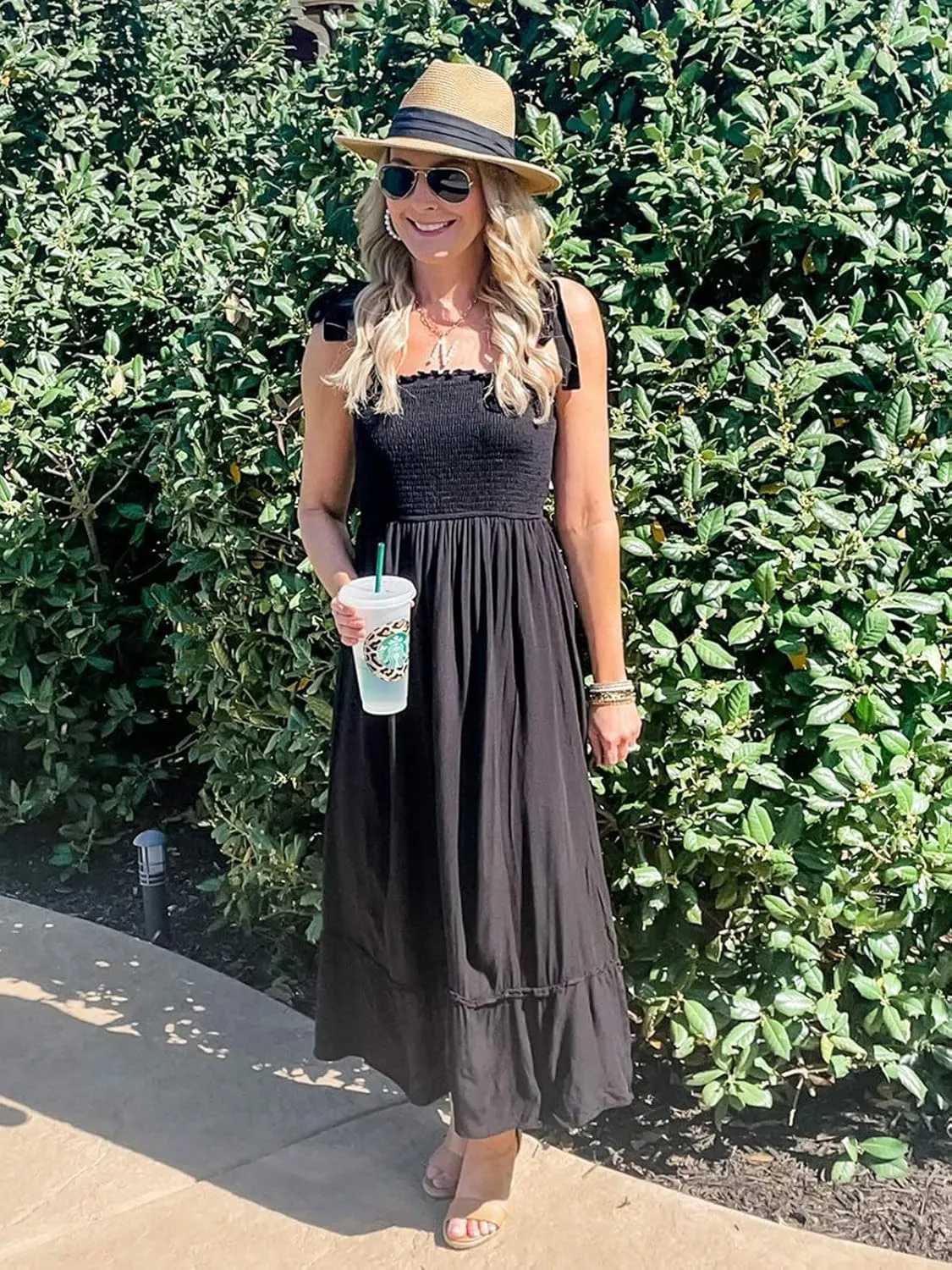 Tobrief Women's Boho Dress Summer Spaghetti Strap Square Neck Flowy Ruffle Beach Long Maxi Dress