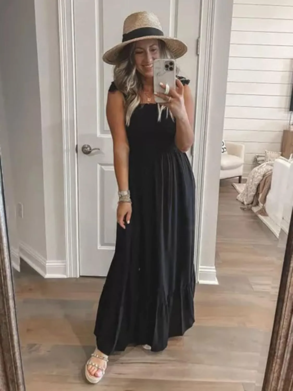 Tobrief Women's Boho Dress Summer Spaghetti Strap Square Neck Flowy Ruffle Beach Long Maxi Dress