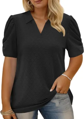 VISLILY Womens-Plus-Size-Summer-Tops Polo V Neck T Shirts Puff Short Sleeve Lapel Collared Work Blouses Eyelet Tunics XL-5XL