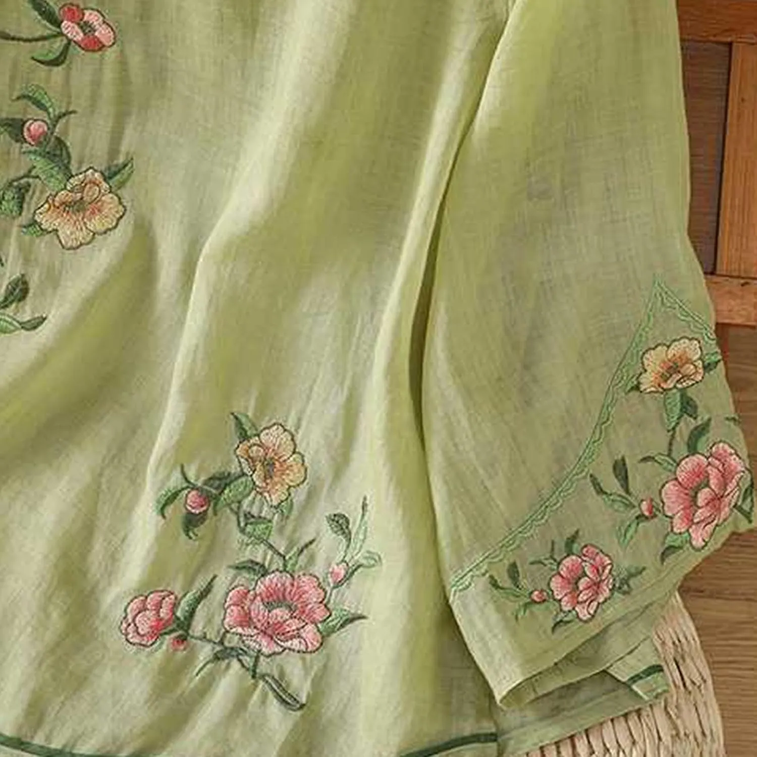 Women Cotton Linen Shirt Summer Floral Embroidered Blouse Retro Chinese Frog Button Traditional Mandarin Collar Tops