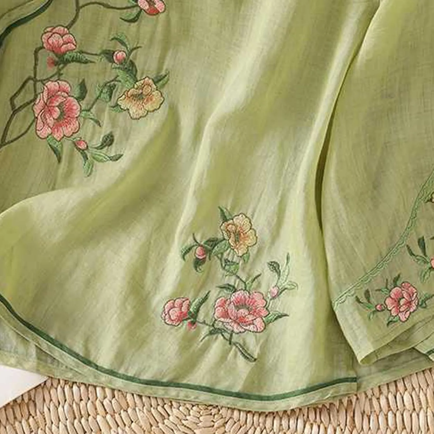 Women Cotton Linen Shirt Summer Floral Embroidered Blouse Retro Chinese Frog Button Traditional Mandarin Collar Tops