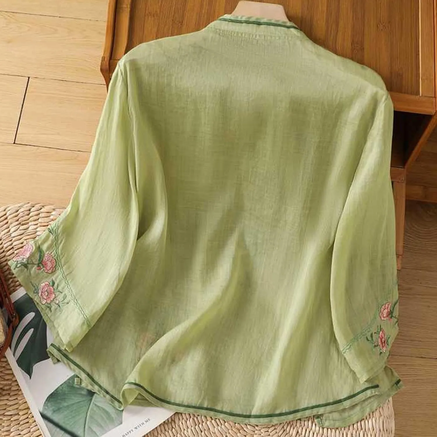 Women Cotton Linen Shirt Summer Floral Embroidered Blouse Retro Chinese Frog Button Traditional Mandarin Collar Tops