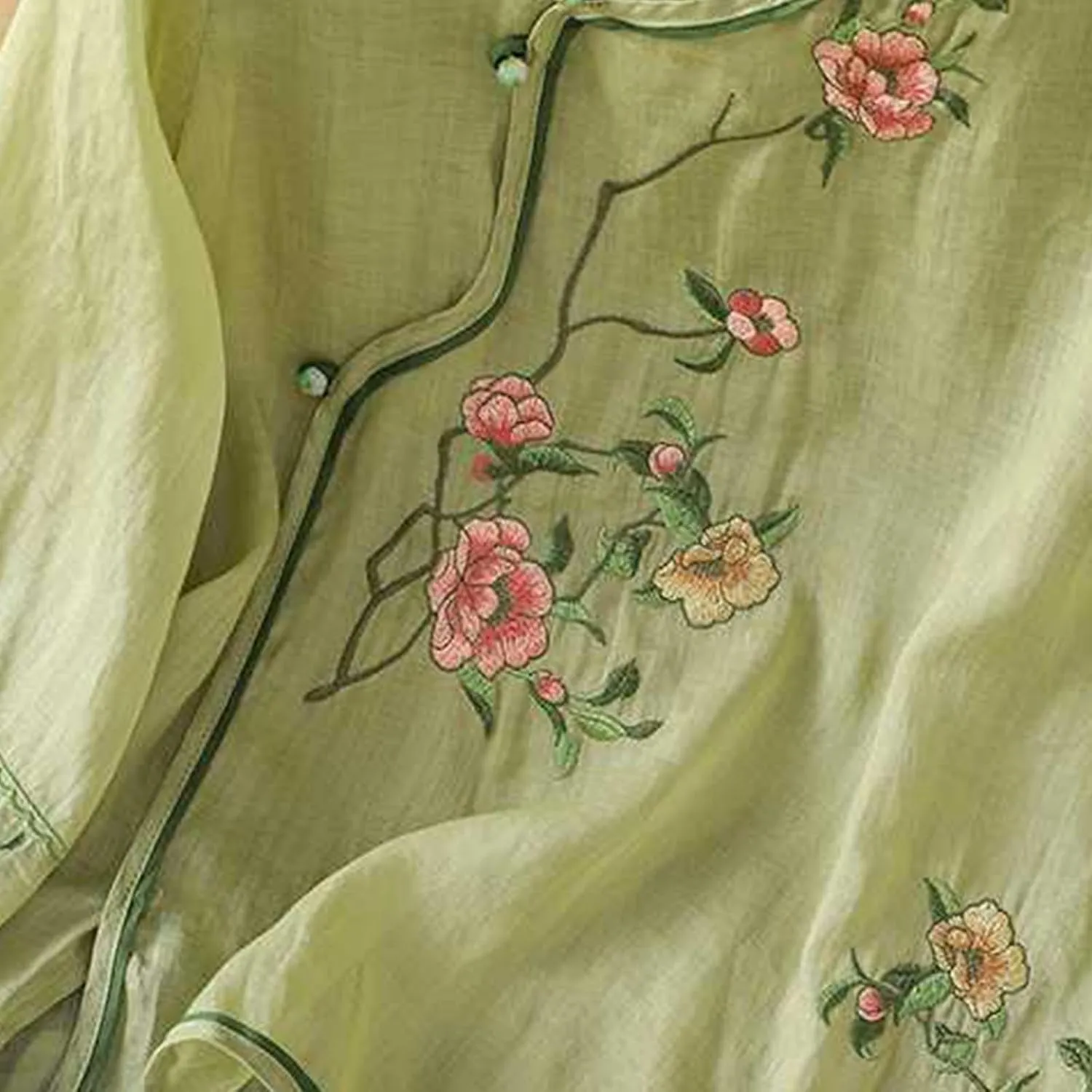 Women Cotton Linen Shirt Summer Floral Embroidered Blouse Retro Chinese Frog Button Traditional Mandarin Collar Tops