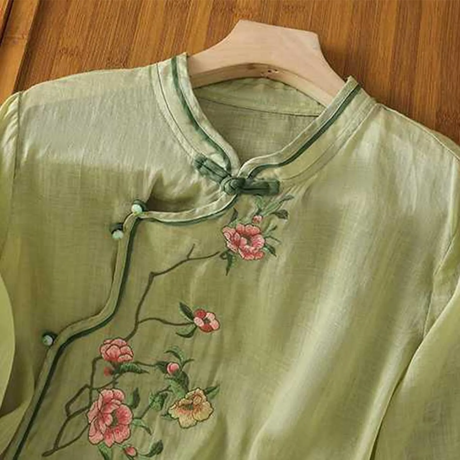 Women Cotton Linen Shirt Summer Floral Embroidered Blouse Retro Chinese Frog Button Traditional Mandarin Collar Tops