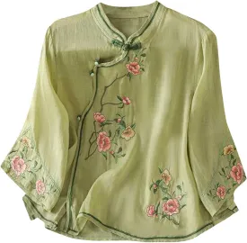 Women Cotton Linen Shirt Summer Floral Embroidered Blouse Retro Chinese Frog Button Traditional Mandarin Collar Tops