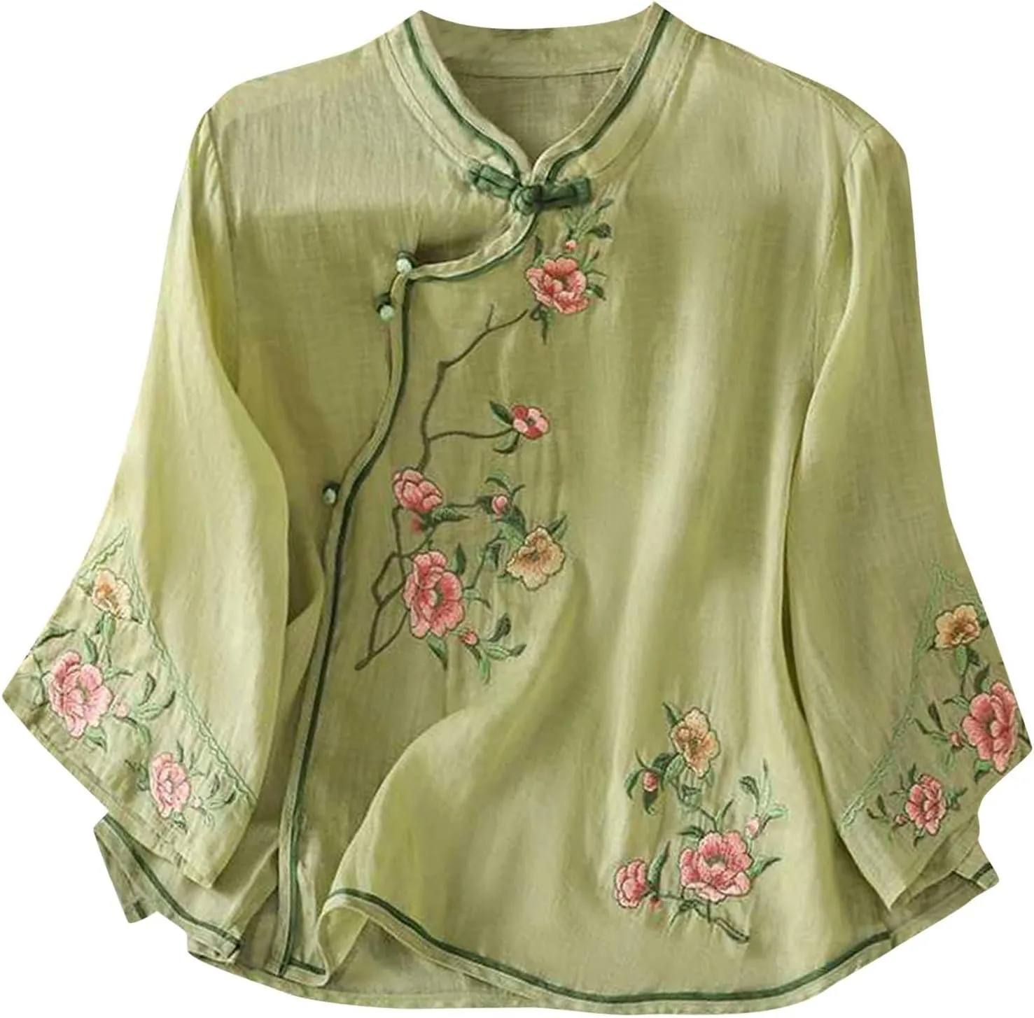 Women Cotton Linen Shirt Summer Floral Embroidered Blouse Retro Chinese Frog Button Traditional Mandarin Collar Tops
