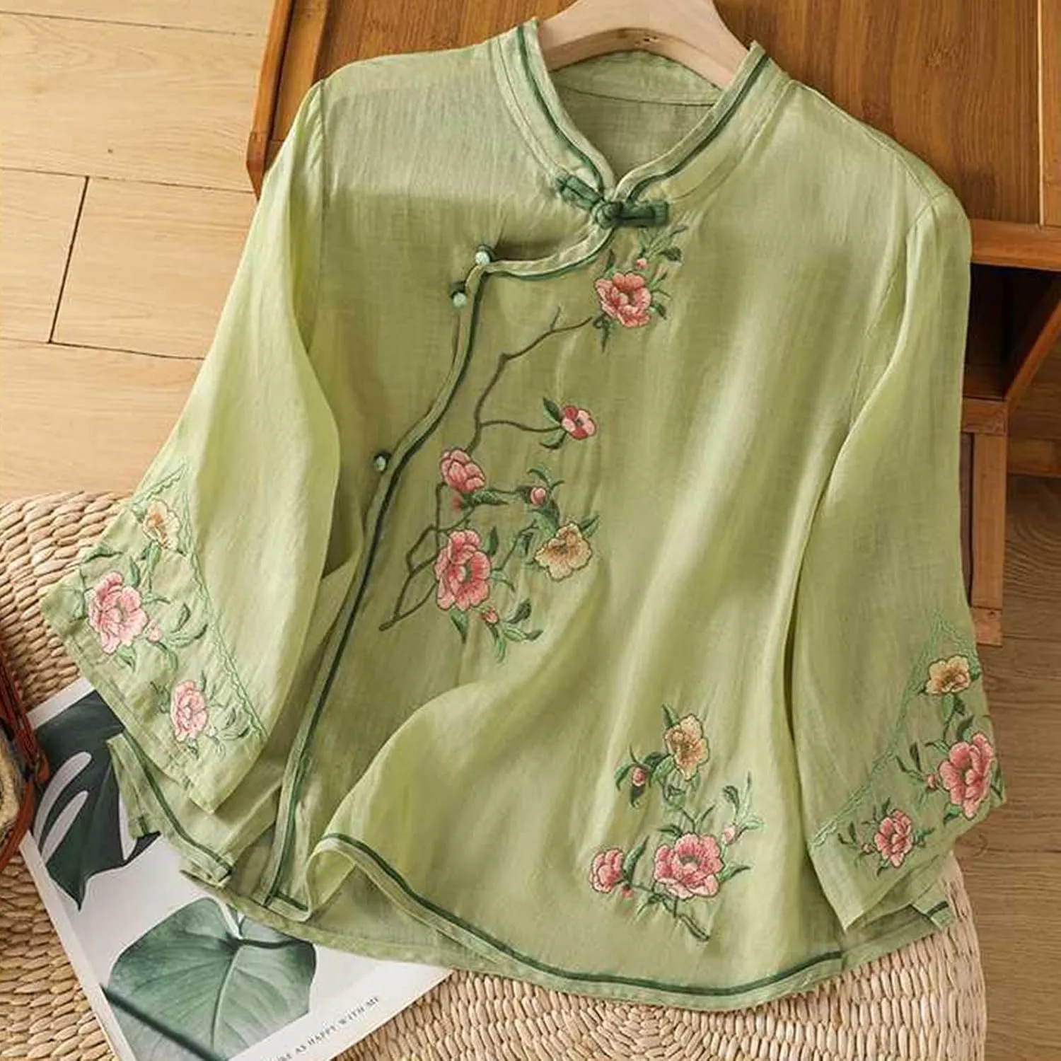 Women Cotton Linen Shirt Summer Floral Embroidered Blouse Retro Chinese Frog Button Traditional Mandarin Collar Tops