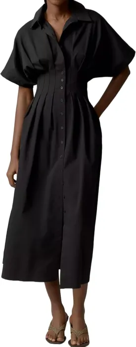 Women Striped Button Down Pleated Shirt Dress Summer Short Sleeve Ruffle A Line Swing Long Blouse Midi Long Dress
