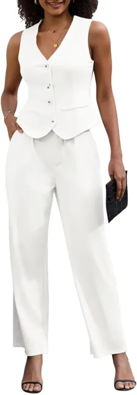 Women's 2 Piece Outfits Elegant Blazer Vest Pockets Wide Leg Pant Suit Casual Matching Set