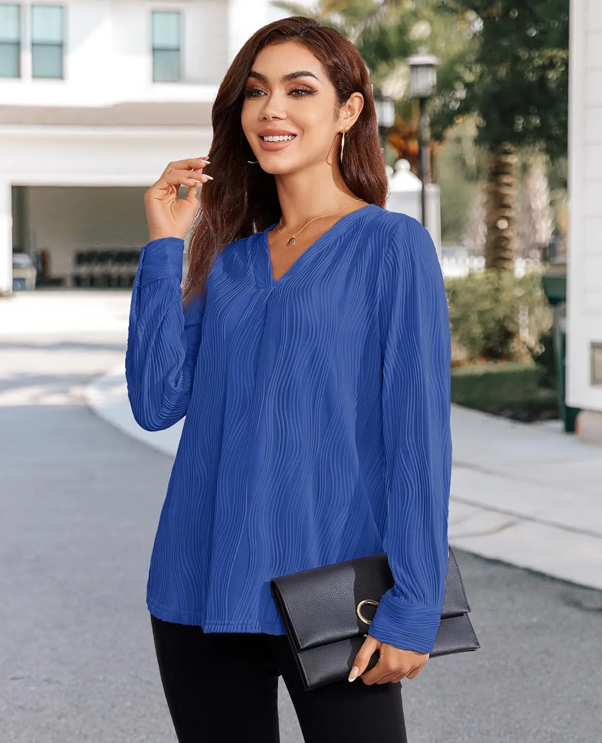 Womens 3 4 Sleeve Blouse Long Sleeve Business Casual Tunic Tops V Neck Work Tops Textured Dressy Casual Shirts