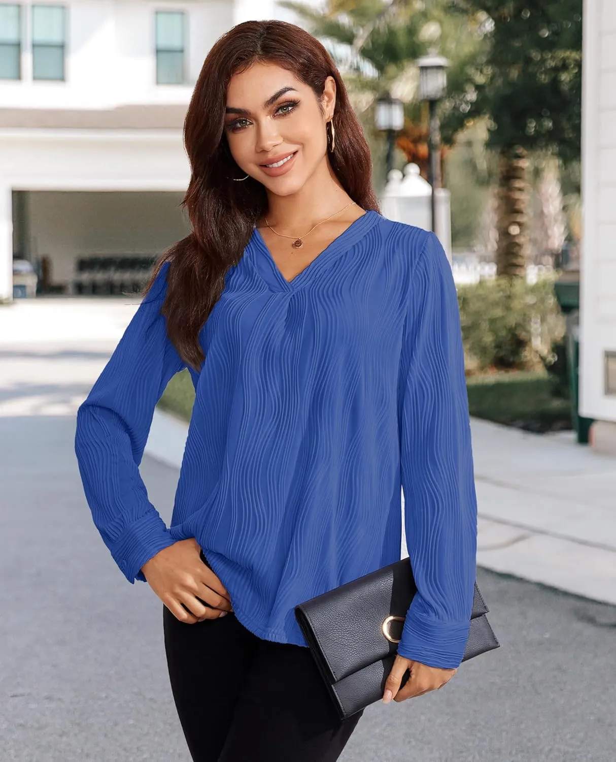 Womens 3 4 Sleeve Blouse Long Sleeve Business Casual Tunic Tops V Neck Work Tops Textured Dressy Casual Shirts