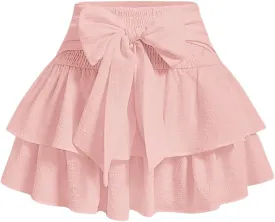 Women's Bow Front Mini Skirt High Shirred Waist Layered Ruffle Hem Short Cake Skirts