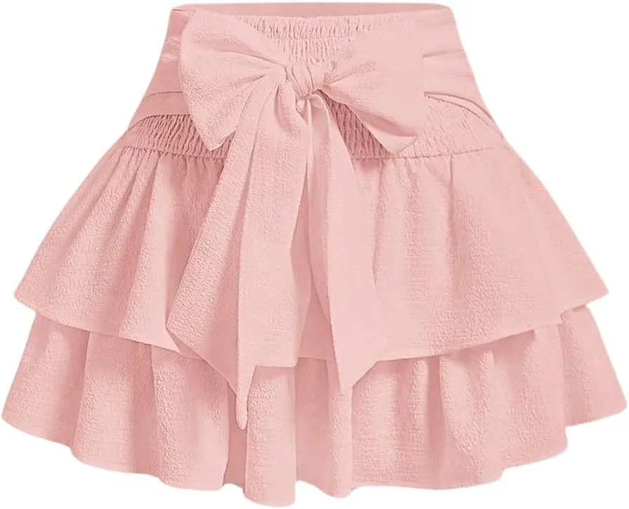 Women's Bow Front Mini Skirt High Shirred Waist Layered Ruffle Hem Short Cake Skirts