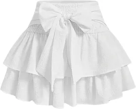 Women's Bow Front Mini Skirt High Shirred Waist Layered Ruffle Hem Short Cake Skirts