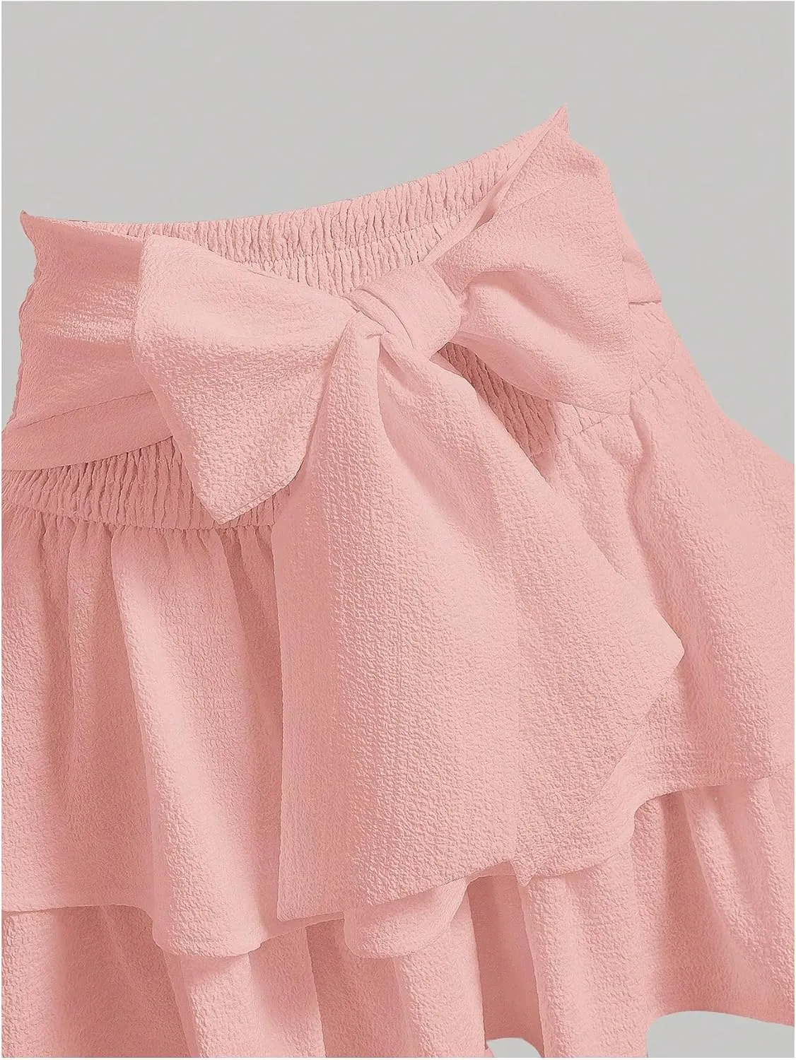 Women's Bow Front Mini Skirt High Shirred Waist Layered Ruffle Hem Short Cake Skirts