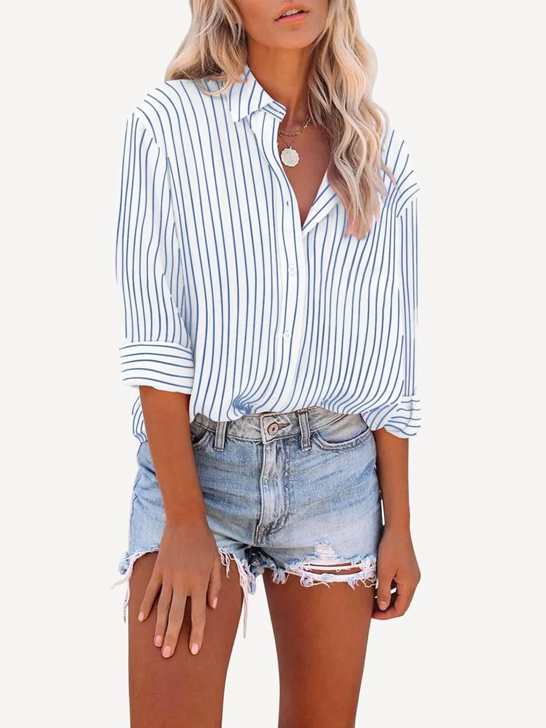 Womens Button Down Shirts Cotton Striped Dress Shirts Long Sleeve Button Up Collared Office Work Blouses Tops