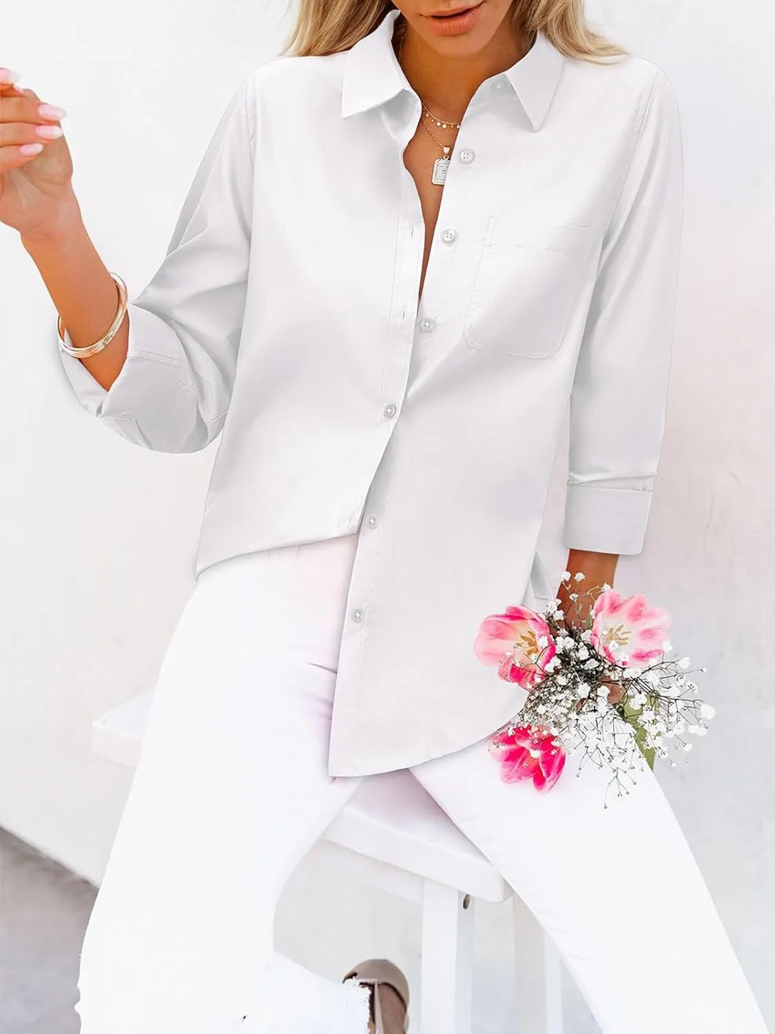 Womens Button Down Shirts Dress Shirt Collared Wrinkle Free Long Sleeve Blouse Office Tunics Tops with Pockets