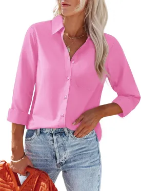 Womens Button Down Shirts Dress Shirt Collared Wrinkle Free Long Sleeve Blouse Office Tunics Tops with Pockets