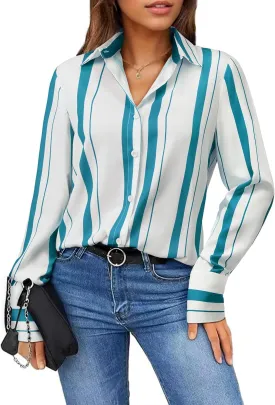 Womens Button Down Shirts Dress Shirt Dressy Casual Striped Blouse Long Sleeve Work Office Business Chiffon Top