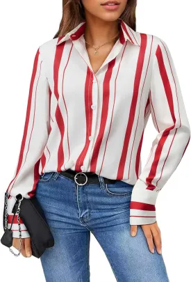 Womens Button Down Shirts Dress Shirt Dressy Casual Striped Blouse Long Sleeve Work Office Business Chiffon Top
