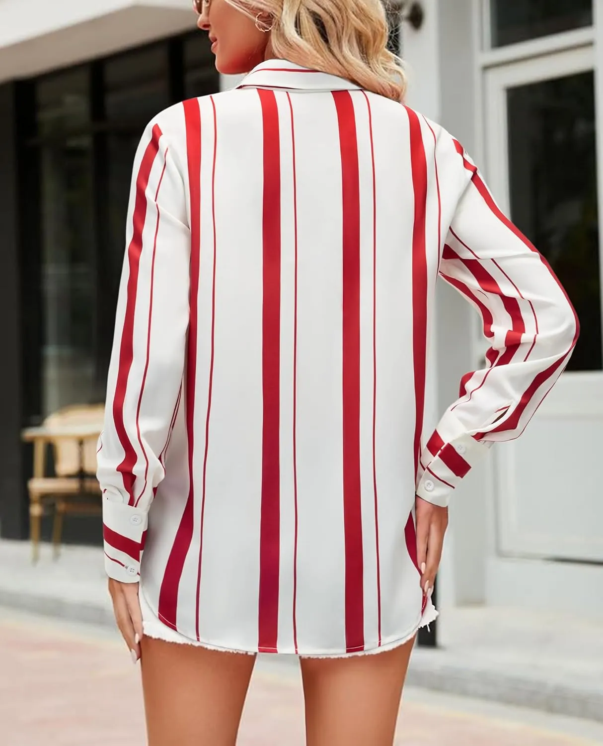 Womens Button Down Shirts Dress Shirt Dressy Casual Striped Blouse Long Sleeve Work Office Business Chiffon Top