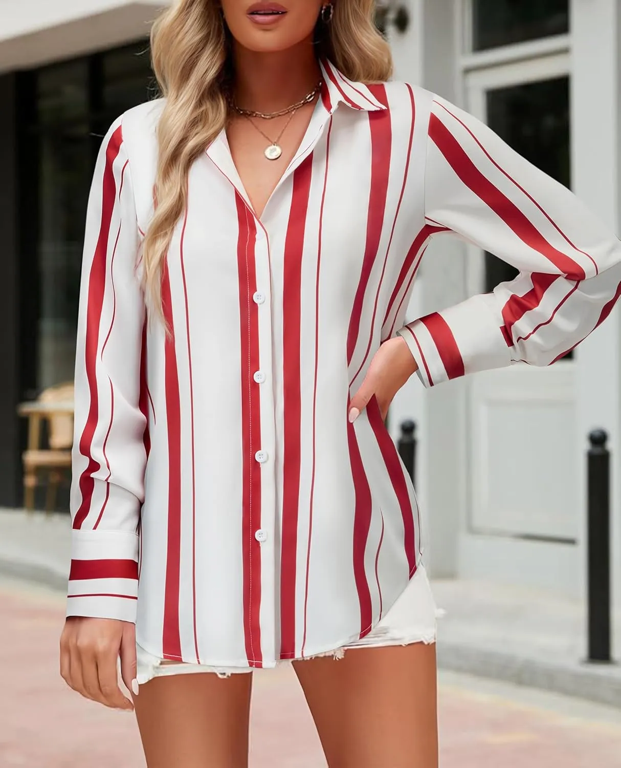 Womens Button Down Shirts Dress Shirt Dressy Casual Striped Blouse Long Sleeve Work Office Business Chiffon Top