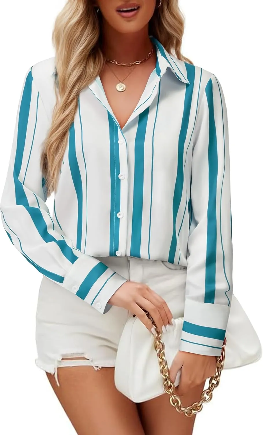 Womens Button Down Shirts Dress Shirt Dressy Casual Striped Blouse Long Sleeve Work Office Business Chiffon Top