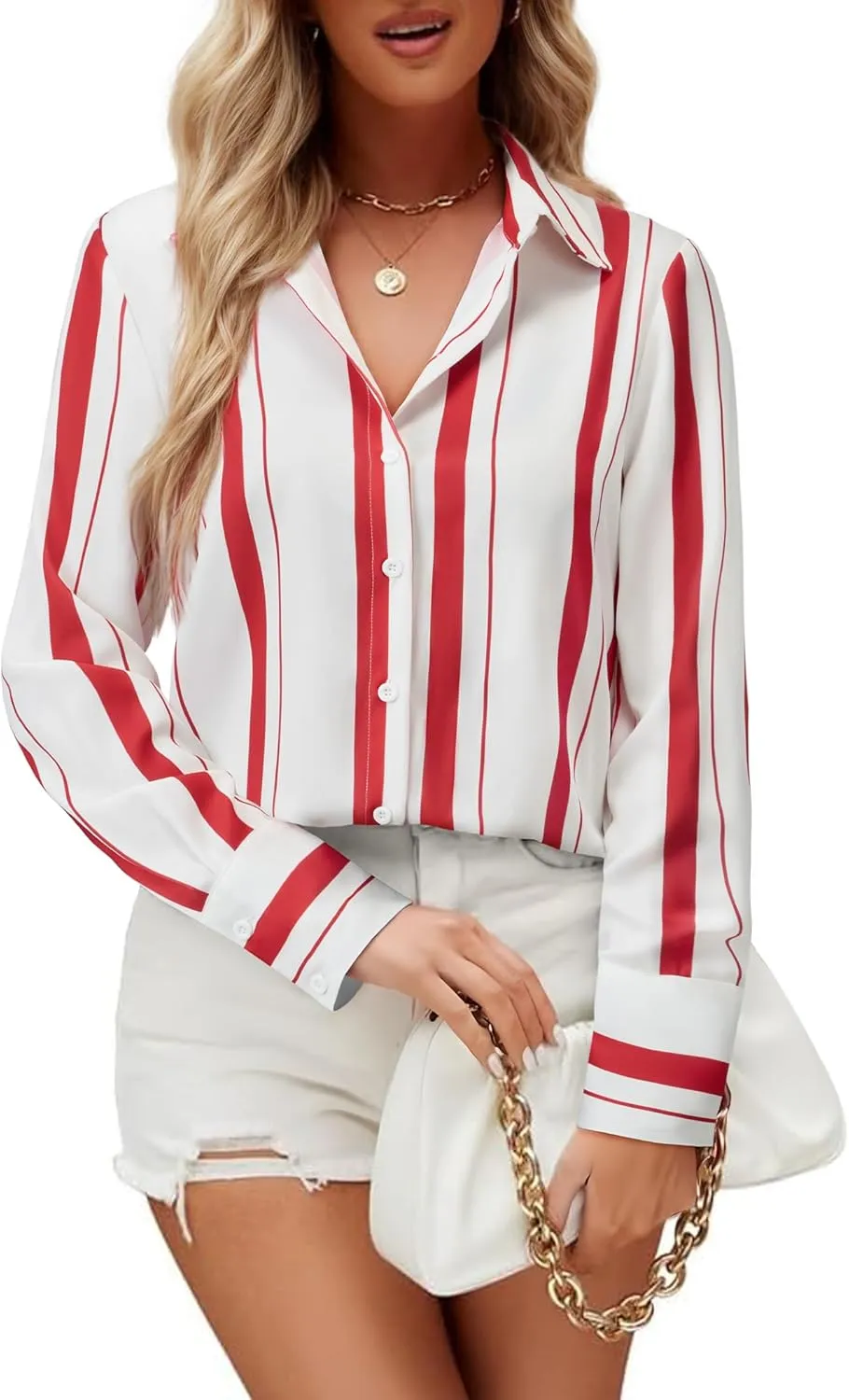 Womens Button Down Shirts Dress Shirt Dressy Casual Striped Blouse Long Sleeve Work Office Business Chiffon Top