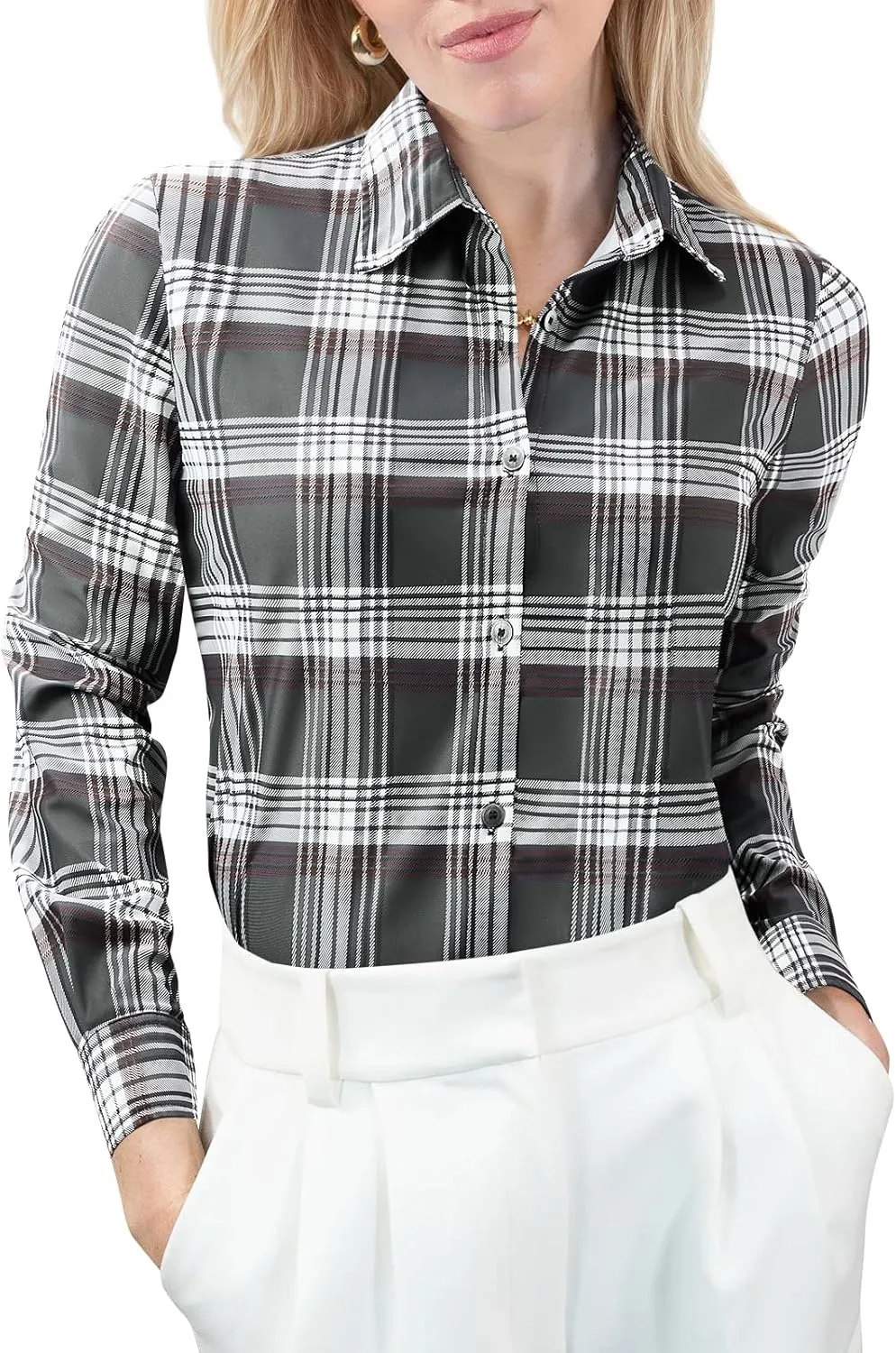 Women's Button Down Shirts Plaid Long Sleeve Dress Shirt Collared Fitted Blouses Wrinkle Free Casual Office Work Tops