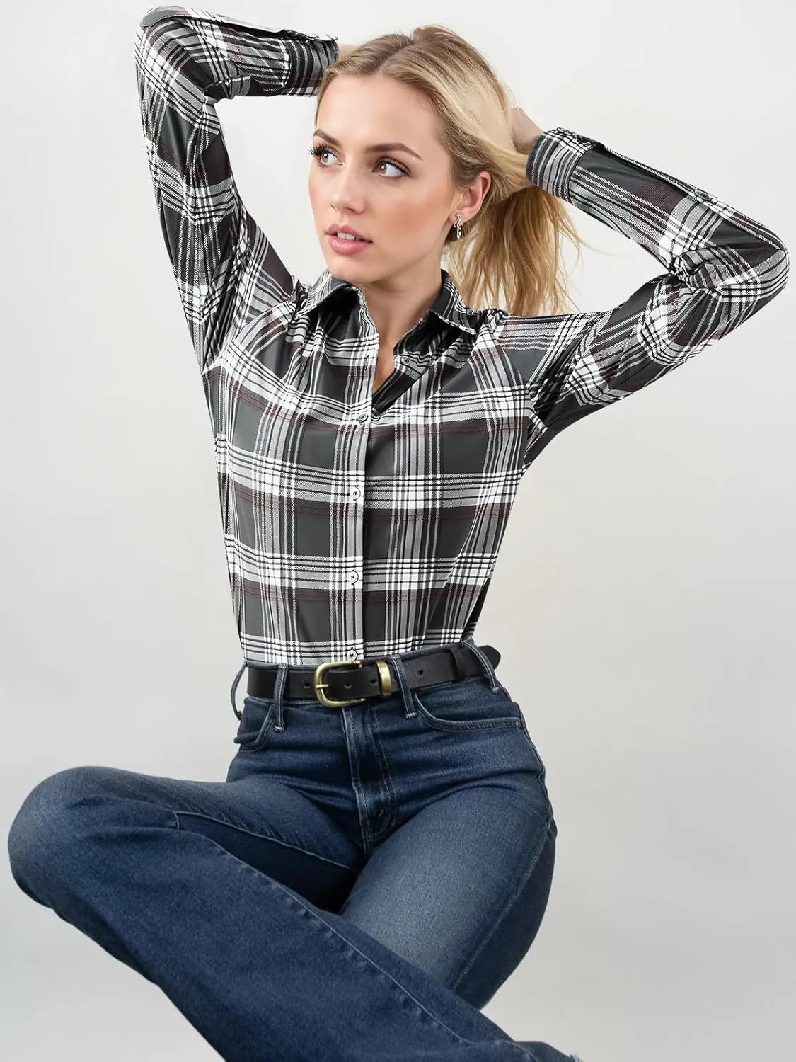 Women's Button Down Shirts Plaid Long Sleeve Dress Shirt Collared Fitted Blouses Wrinkle Free Casual Office Work Tops
