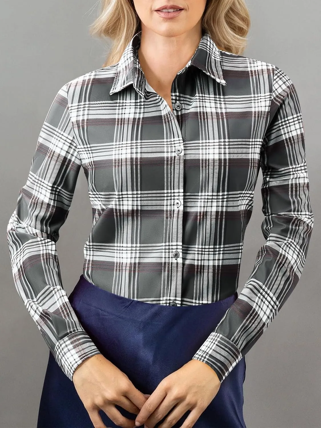 Women's Button Down Shirts Plaid Long Sleeve Dress Shirt Collared Fitted Blouses Wrinkle Free Casual Office Work Tops