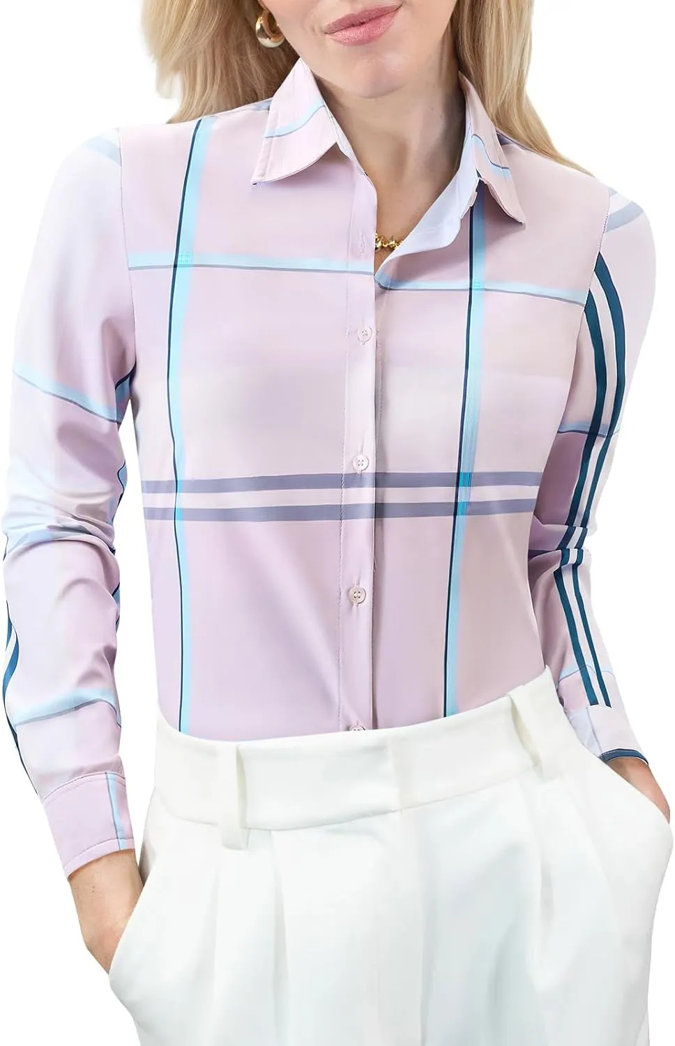 Women's Button Down Shirts Plaid Long Sleeve Dress Shirt Collared Fitted Blouses Wrinkle Free Casual Office Work Tops