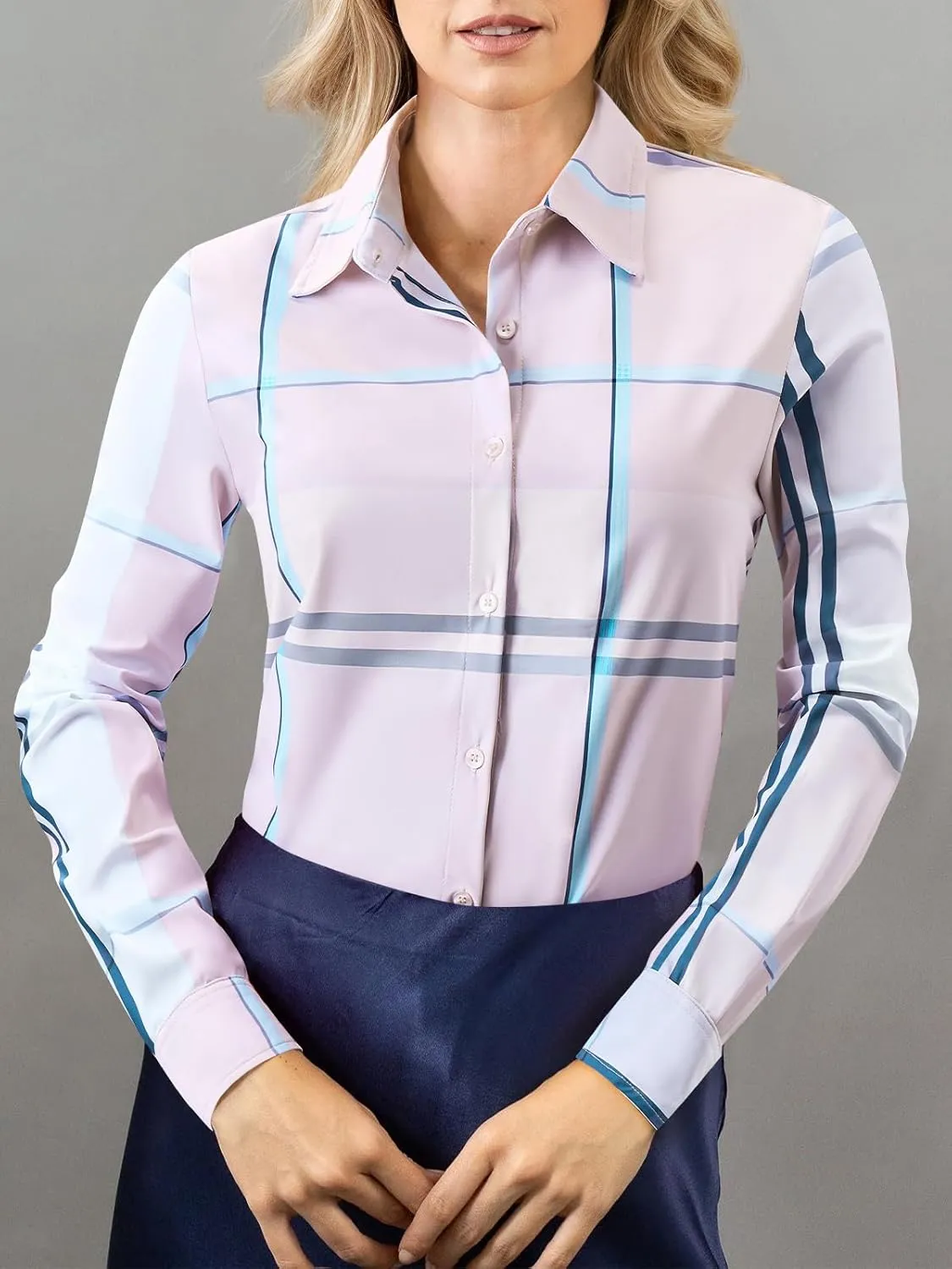 Women's Button Down Shirts Plaid Long Sleeve Dress Shirt Collared Fitted Blouses Wrinkle Free Casual Office Work Tops