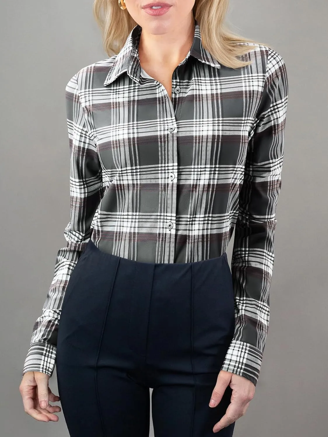 Women's Button Down Shirts Plaid Long Sleeve Dress Shirt Collared Fitted Blouses Wrinkle Free Casual Office Work Tops