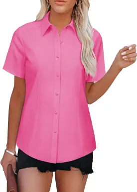 Womens Button Down Shirts Short Sleeve Fitted Button Up Dress Shirt Solid Collared Blouse Wrinkle Free Work Business Top