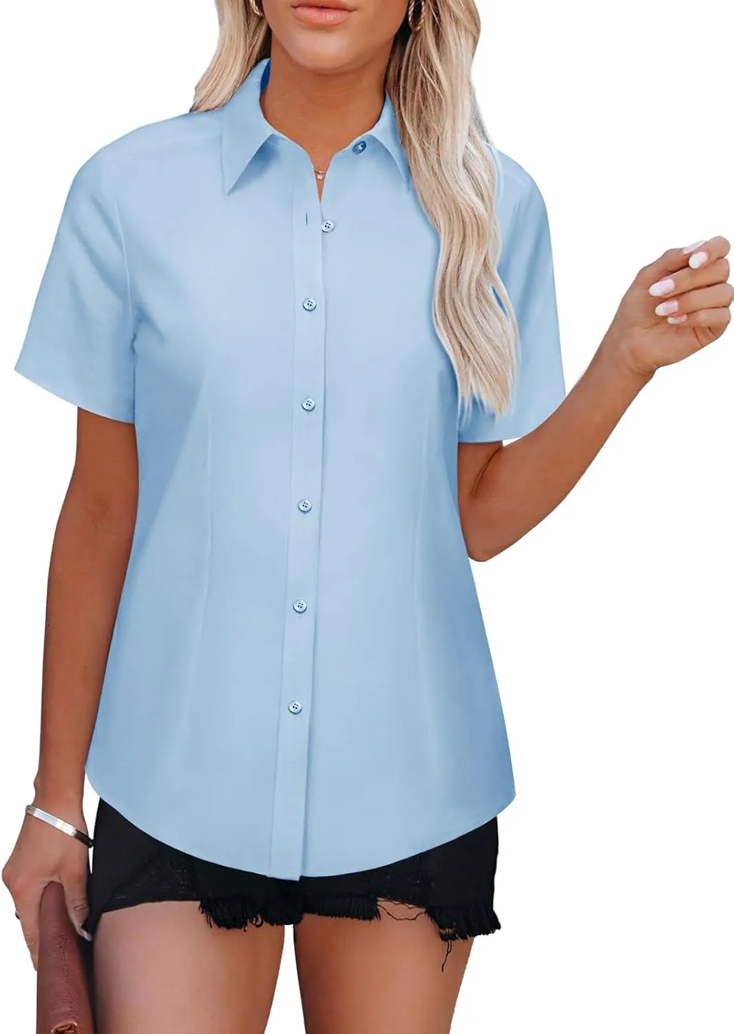 Womens Button Down Shirts Short Sleeve Fitted Button Up Dress Shirt Solid Collared Blouse Wrinkle Free Work Business Top