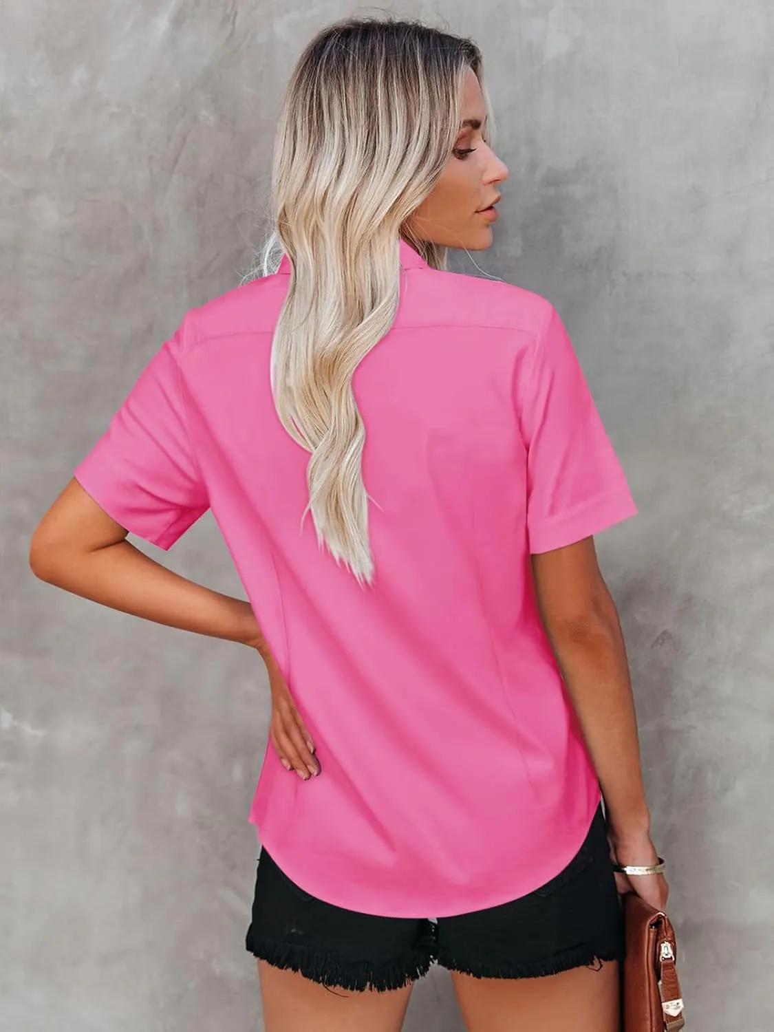 Womens Button Down Shirts Short Sleeve Fitted Button Up Dress Shirt Solid Collared Blouse Wrinkle Free Work Business Top