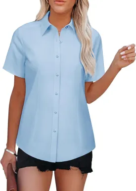 Womens Button Down Shirts Short Sleeve Fitted Button Up Dress Shirt Solid Collared Blouse Wrinkle Free Work Business Top